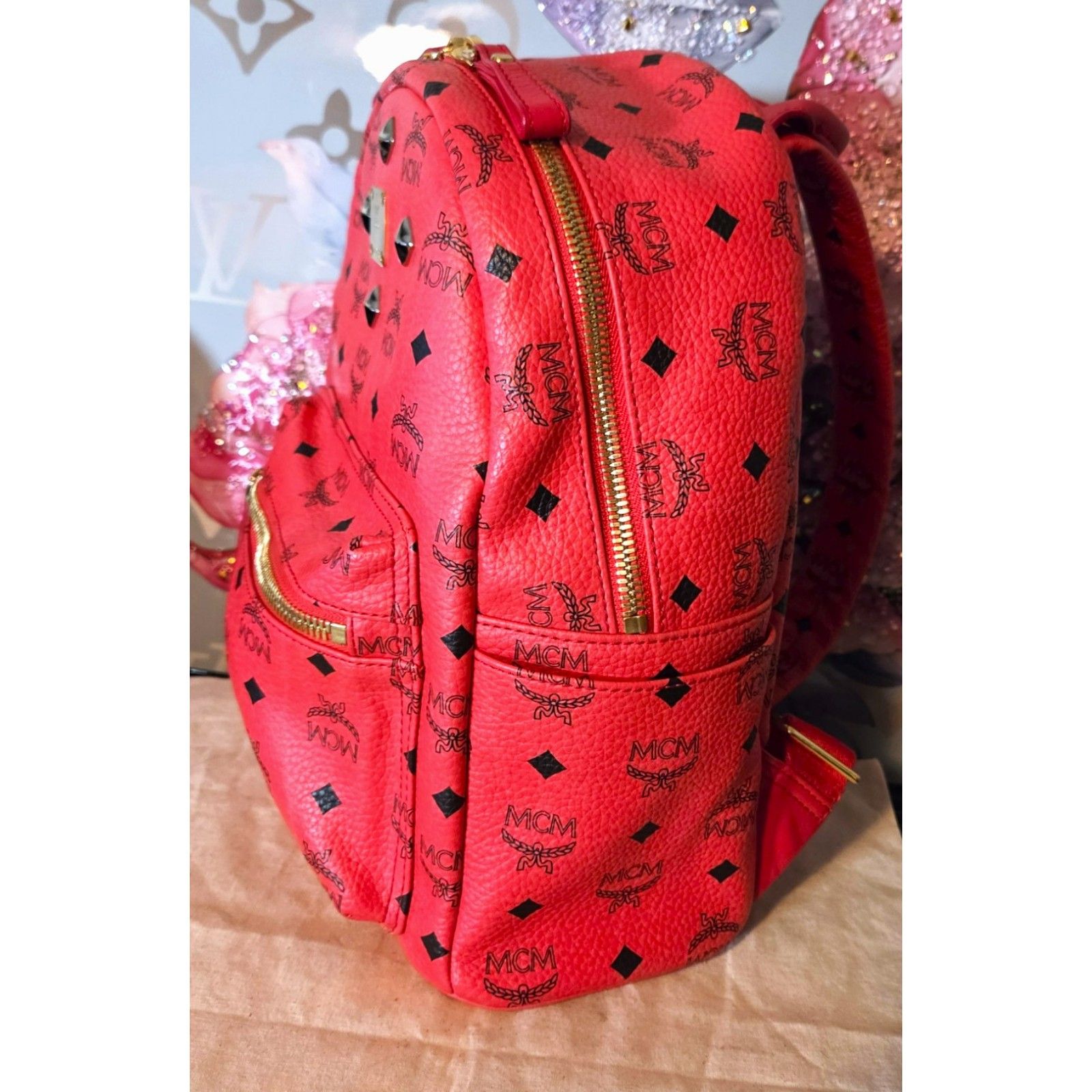 Mcm Small Stark Strawberry Red Visetos Backpack - Like New — image 3 of 8